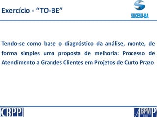 Tendo-se como base o diagnóstico da análise, monte, de
forma simples uma proposta de melhoria: Processo de
Atendimento a Grandes Clientes em Projetos de Curto Prazo
Exercício - “TO-BE”
 