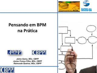 Pensando em BPM
na Prática
Jaime Gama, MSc, CBPP
Josias França Filho, MSc, CBPP
Raimunda Queiroz, MSc, CBPP
 