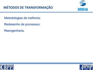 Metodologias de melhoria;
Redesenho de processos;
Reengenharia.
MÉTODOS DE TRANSFORMAÇÃO
 