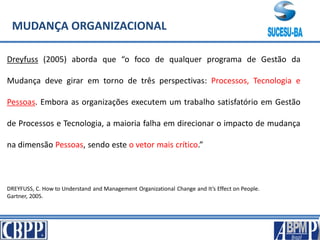 MUDANÇA ORGANIZACIONAL
Dreyfuss (2005) aborda que “o foco de qualquer programa de Gestão da
Mudança deve girar em torno de três perspectivas: Processos, Tecnologia e
Pessoas. Embora as organizações executem um trabalho satisfatório em Gestão
de Processos e Tecnologia, a maioria falha em direcionar o impacto de mudança
na dimensão Pessoas, sendo este o vetor mais crítico.”
DREYFUSS, C. How to Understand and Management Organizational Change and It’s Effect on People.
Gartner, 2005.
 
