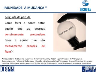IMUNIDADE À MUDANÇA *
Pergunta de partida:
Como fazer a ponte entre
aquilo que as pessoas
genuinamente pretendem
fazer e aquilo que são
efetivamente capazes de
fazer?
* Pesquisadores de Educação e Liderança da Harvard University: Robert Legan (Professor de Andragogia e
Desenvolvimento Profissional da Escola de Educação) e Lisa Laskow Lahey (Psicóloga do Desenvolvimento e Diretora do
Grupo de Liderança de Mudança da Escola de Educação de Graduados da harvard University), autores de Imunidade à
Mudança
 