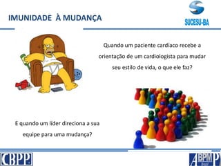 IMUNIDADE À MUDANÇA
Quando um paciente cardíaco recebe a
orientação de um cardiologista para mudar
seu estilo de vida, o que ele faz?
E quando um líder direciona a sua
equipe para uma mudança?
 
