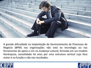 A grande dificuldade na implantação de Gerenciamento de Processos de
Negócio (BPM) nas organizações não está na tecnologia ou nas
ferramentas de apoio e sim na mudança cultural, formada em um modelo
hierárquico, consolidado há anos por uma estrutura vertical cujo foco
maior é na função e não nos resultados.
 