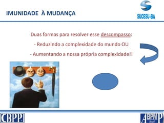 IMUNIDADE À MUDANÇA
Duas formas para resolver esse descompasso:
- Reduzindo a complexidade do mundo OU
- Aumentando a nossa própria complexidade!!
 