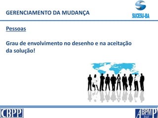 GERENCIAMENTO DA MUDANÇA
Pessoas
Grau de envolvimento no desenho e na aceitação
da solução!
 