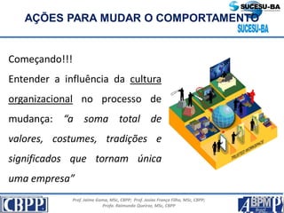 Prof. Jaime Gama, MSc, CBPP; Prof. Josias França Filho, MSc, CBPP;
Profa. Raimunda Queiroz, MSc, CBPP
AÇÕES PARA MUDAR O COMPORTAMENTO
Começando!!!
Entender a influência da cultura
organizacional no processo de
mudança: “a soma total de
valores, costumes, tradições e
significados que tornam única
uma empresa”
 