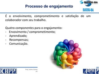 Prof. Jaime Gama, MSc, CBPP; Prof. Josias França Filho, MSc, CBPP;
Profa. Raimunda Queiroz, MSc, CBPP
Processo de engajamento
É o envolvimento, comprometimento e satisfação de um
colaborador com seu trabalho.
Quatro componentes para o engajamento:
- Envovimento / comprometimento;
- Aprendizado;
- Recompensas;
- Comunicação.
 