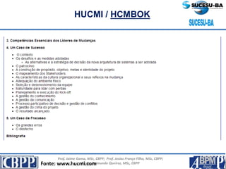 Prof. Jaime Gama, MSc, CBPP; Prof. Josias França Filho, MSc, CBPP;
Profa. Raimunda Queiroz, MSc, CBPP
HUCMI / HCMBOK
Fonte: www.hucmi.com
 
