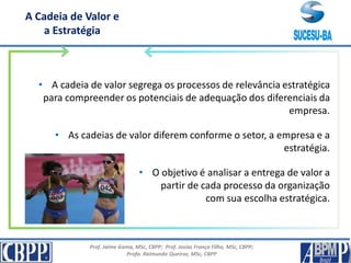 Prof. Jaime Gama, MSc, CBPP; Prof. Josias França Filho, MSc, CBPP;
Profa. Raimunda Queiroz, MSc, CBPP
A Cadeia de Valor e
a Estratégia
• A cadeia de valor segrega os processos de relevância estratégica
para compreender os potenciais de adequação dos diferenciais da
empresa.
• As cadeias de valor diferem conforme o setor, a empresa e a
estratégia.
• O objetivo é analisar a entrega de valor a
partir de cada processo da organização
com sua escolha estratégica.
 