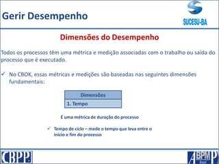 Todos os processos têm uma métrica e medição associadas com o trabalho ou saída do
processo que é executado.
 No CBOK, essas métricas e medições são baseadas nas seguintes dimensões
fundamentais:
Dimensões do Desempenho
1. Tempo
Dimensões
É uma métrica de duração do processo
 Tempo de ciclo – mede o tempo que leva entre o
início e fim do processo
Gerir Desempenho
 