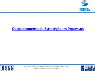 Prof. Jaime Gama, MSc, CBPP; Prof. Josias França Filho, MSc, CBPP;
Profa. Raimunda Queiroz, MSc, CBPP
Desdobramento da Estratégia em Processos
Nivelando Conhecimento
 
