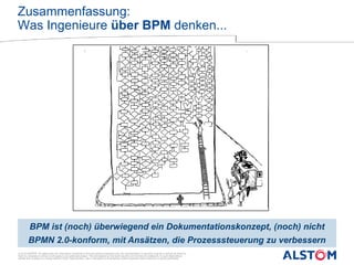 © ALSTOM 2013. All rights reserved. Information contained in this document is indicative only. No representation or warranty is given or should be relied on
that it is complete or correct or will apply to any particular project. This will depend on the technical and commercial circumstances. It is provided without
liability and is subject to change without notice. Reproduction, use or disclosure to third parties, without express written authority, is strictly prohibited.
Presentation title - 18/05/2014 – P 12
2014.
Zusammenfassung:
Was Ingenieure über BPM denken...
BPM ist (noch) überwiegend ein Dokumentationskonzept, (noch) nicht
BPMN 2.0-konform, mit Ansätzen, die Prozesssteuerung zu verbessern
 