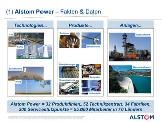 © ALSTOM 2013. All rights reserved. Information contained in this document is indicative only. No representation or warranty is given or should be relied on
that it is complete or correct or will apply to any particular project. This will depend on the technical and commercial circumstances. It is provided without
liability and is subject to change without notice. Reproduction, use or disclosure to third parties, without express written authority, is strictly prohibited.
Presentation title - 18/05/2014 – P 3
2014.
(1) Alstom Power – Fakten & Daten
Produkte...
Turbinen
Windturbine
Dampferzeuger
Generator
Umwelttechnik
Leittechnik
Anlagen...
Gaskraftwerk
Wasserkraftwerk
Alstom Power = 32 Produktlinien, 52 Technikzentren, 34 Fabriken,
200 Servicestützpunkte = 55.000 Mitarbeiter in 70 Ländern
Technologien...
Gas
Solarthermie
Wind
Kohle
 