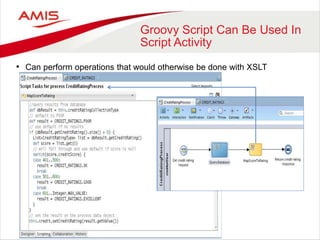 Groovy Script Can Be Used In
Script Activity
• Can perform operations that would otherwise be done with XSLT
 
