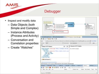 Debugger
• Inspect and modify data
– Data Objects (both
Simple and Complex)
– Instance Attributes
(Process and Activity)
– Conversation and
Correlation properties
– Create “Watches”
 