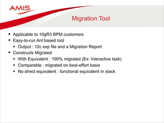Migration Tool
 Applicable to 10gR3 BPM customers
 Easy-to-run Ant based tool
 Output : 12c exp file and a Migration Report
 Constructs Migrated
 With Equivalent : 100% migrated (Ex: Interactive task)
 Comparable : migrated on best-effort basis
 No direct equivalent : functional equivalent in stack
 
