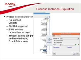 Process Instance Expiration
• Process Instance Expiration
– Pre-defined
variable
– Get/Set supported
– BPM run-time
throws timeout event
– Timeout can be caught
and handled using
Event Subprocess
 