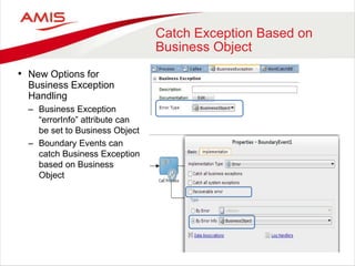 Catch Exception Based on
Business Object
• New Options for
Business Exception
Handling
– Business Exception
“errorInfo” attribute can
be set to Business Object
– Boundary Events can
catch Business Exception
based on Business
Object
 