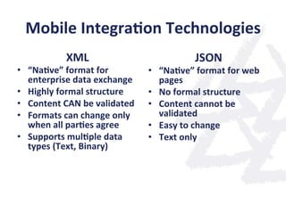Mobile	
  Integra;on	
  Technologies	
  
XML	
  
•  “Na;ve”	
  format	
  for	
  
enterprise	
  data	
  exchange	
  
•  Highly	
  formal	
  structure	
  
•  Content	
  CAN	
  be	
  validated	
  
•  Formats	
  can	
  change	
  only	
  
when	
  all	
  par;es	
  agree	
  
•  Supports	
  mul;ple	
  data	
  
types	
  (Text,	
  Binary)	
  
JSON	
  
•  “Na;ve”	
  format	
  for	
  web	
  
pages	
  
•  No	
  formal	
  structure	
  
•  Content	
  cannot	
  be	
  
validated	
  
•  Easy	
  to	
  change	
  
•  Text	
  only	
  
	
  
 