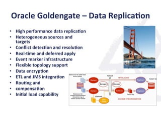 Oracle	
  Goldengate	
  –	
  Data	
  Replica;on	
  
•  High	
  performance	
  data	
  replica;on	
  
•  Heterogeneous	
  sources	
  and	
  
targets	
  
•  Conﬂict	
  detec;on	
  and	
  resolu;on	
  
•  Real-­‐;me	
  and	
  deferred	
  apply	
  
•  Event	
  marker	
  infrastructure	
  
•  Flexible	
  topology	
  support	
  
•  Data	
  encryp;on	
  
•  ETL	
  and	
  JMS	
  integra;on	
  
•  Rou;ng	
  and	
  	
  
•  compensa;on	
  
•  Ini;al	
  load	
  capability	
  
 