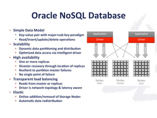 Oracle	
  NoSQL	
  Database	
  
•  Simple	
  Data	
  Model	
  
•  Key-­‐value	
  pair	
  with	
  major+sub-­‐key	
  paradigm	
  
•  Read/insert/update/delete	
  opera;ons	
  
•  Scalability	
  
•  Dynamic	
  data	
  par;;oning	
  and	
  distribu;on	
  
•  Op;mized	
  data	
  access	
  via	
  intelligent	
  driver	
  
•  High	
  availability	
  
•  One	
  or	
  more	
  replicas	
  
•  Disaster	
  recovery	
  through	
  loca;on	
  of	
  replicas	
  
•  Resilient	
  to	
  par;;on	
  master	
  failures	
  
•  No	
  single	
  point	
  of	
  failure	
  
•  Transparent	
  load	
  balancing	
  
•  Reads	
  from	
  master	
  or	
  replicas	
  
•  Driver	
  is	
  network	
  topology	
  &	
  latency	
  aware	
  	
  
•  Elas;c	
  
•  Online	
  addi;on/removal	
  of	
  Storage	
  Nodes	
  	
  
•  Automa;c	
  data	
  redistribu;on	
  
 