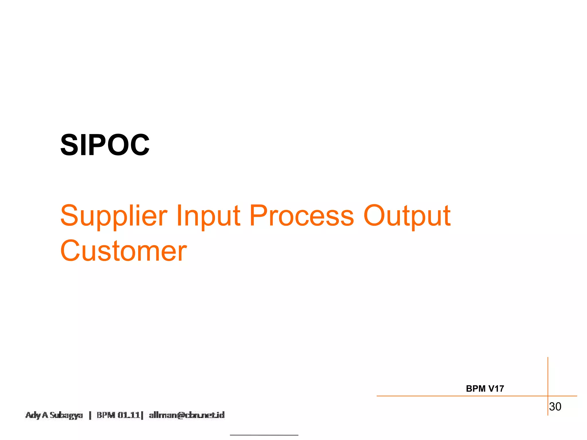 SIPOC

Supplier Input Process Output
Customer



                                BPM V17

                                          30
 