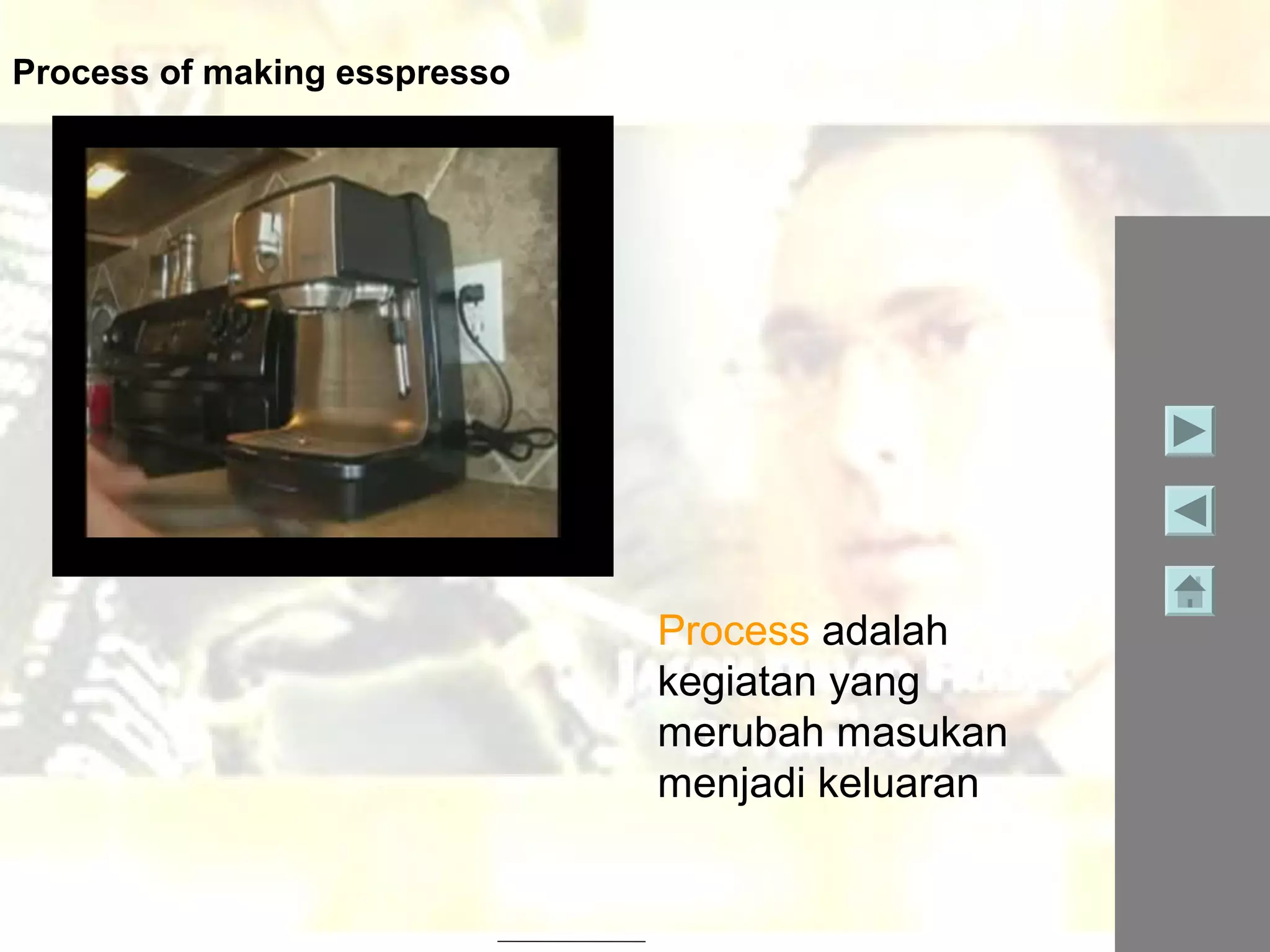 Process of making esspresso




                              Process adalah
                              kegiatan yang
                              merubah masukan
                              menjadi keluaran
                                             BPM V17

                                                       59
 