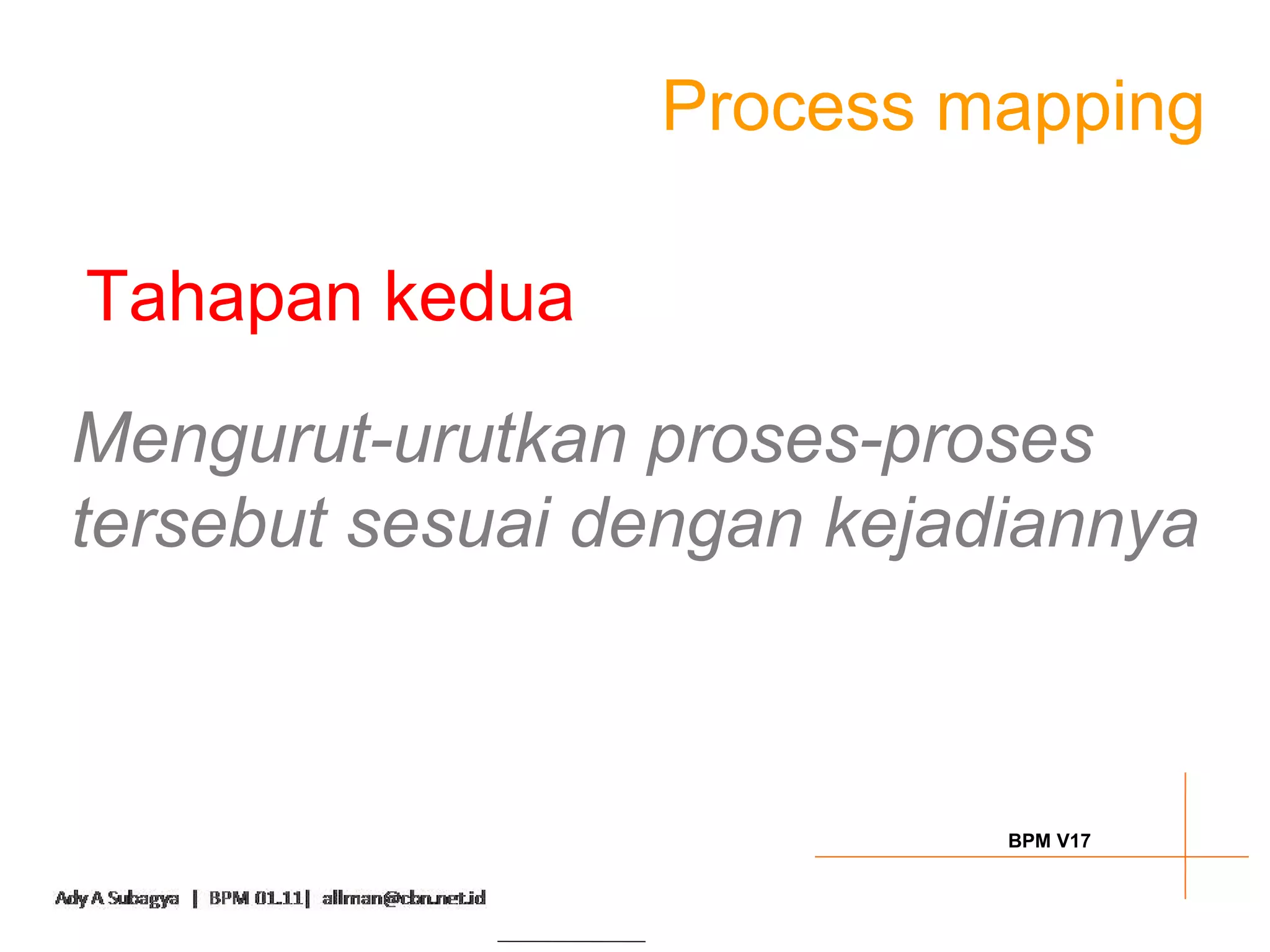 Process mapping

Tahapan kedua

Mengurut-urutkan proses-proses
tersebut sesuai dengan kejadiannya



                            BPM V17
 