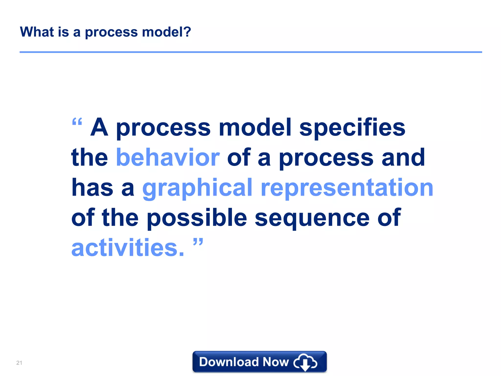 2121
What is a process model?
“ A process model specifies
the behavior of a process and
has a graphical representation
of the possible sequence of
activities. ”
 