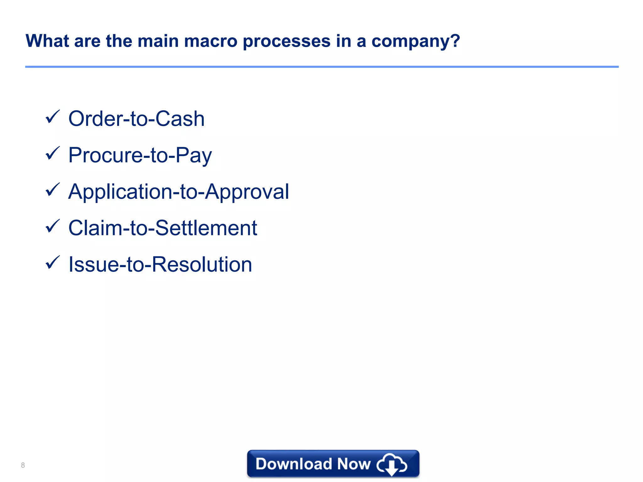 88
What are the main macro processes in a company?
 Order-to-Cash
 Procure-to-Pay
 Application-to-Approval
 Claim-to-Settlement
 Issue-to-Resolution
 