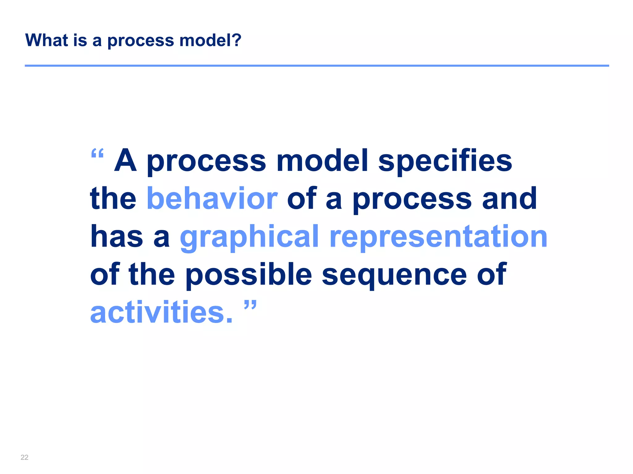 2222
What is a process model?
“ A process model specifies
the behavior of a process and
has a graphical representation
of the possible sequence of
activities. ”
 