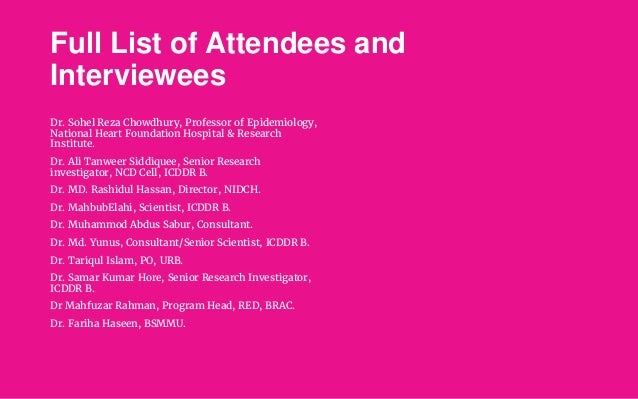 Full List of Attendees and
Interviewees
Dr. Sohel Reza Chowdhury, Professor of Epidemiology,
National Heart Foundation Hos...