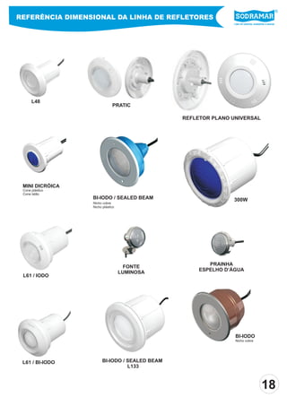 Líder em piscinas, acessórios e saunas
REFERÊNCIA DIMENSIONAL DA LINHA DE REFLETORES
L48
MINI DICRÓICA
Cone plástico
Cone latão
L61 / IODO
L61 / BI-IODO
BI-IODO
BI-IODO / SEALED BEAM
Nicho cobre
Nicho cobre
Nicho plástico
BI-IODO / SEALED BEAM
L133
300W
FONTE
LUMINOSA
PRAINHA
ESPELHO D’ÁGUA
REFLETOR PLANO UNIVERSAL
18
PRATIC
 
