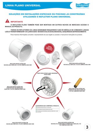 Líder em piscinas, acessórios e saunas
LINHA PLANO UNIVERSAL
SOLUÇÕES EM INSTALAÇÕES ESPECIAIS OU PISCINAS JÁ CONSTRUÍDAS
UTILIZANDO O REFLETOR PLANO UNIVERSAL
COM O REFLETOR PLANO UNIVERSAL
VOCÊ PODE:
O REFLETOR PLANO TAMBÉM PODE SER MONTADO EM OUTROS NICHOS DE MERCADO ACESSE O
MANUALDO PRODUTO.
TODOS OS REFLETORES DA LINHA SODRAMAR REQUEREM O USO DE MÓDULO DE COMANDO (LINHAS
LED) E TRANSFORMADOR 12V (LINHAIODO / BI/IODO E BLOCOS BLINDADOS).ADQUIRIDOS SEPARADAMENTE
! IMPORTANTE
REALIZAR INSTALAÇÕES EM
NICHOS (M) COM LED L133 OU LÂMPADA IODO 55W
REALIZAR INSTALAÇÕES EM
NICHOS (P) E SILMILARES DE MERCADO COM LED L133
OU LÂMPADA IODO 55W
REALIZAR INSTALAÇÕES EM
TUBOS DE PVC 50mm COM LED
L133 OU LÂMPADA IODO 55W
REALIZAR INSTALAÇÕES EM
DISPOSITIVOS DE ASPIRAÇÃO
COM LED L133 OU LÂMPADA IODO 55W
REALIZAR INSTALAÇÕES EM
NICHOS (GG) COM LED L133 OU LÂMPDA IODO 55W
REALIZAR INSTALAÇÕES EM
NICHOS (G) COM LED L133 OU LÂMPDA IODO 55W
Para maiores informações consulte o representante da sua região ou acesse o manual de instruções do produto.
ACESSÓRIOS QUE COMPÔEM O PRODUTO
KIT DE GARRAS DE FIXAÇÃO PARA REFLETOR PLANO
KIT BORRACHAS DE INTERFERÊNCIA PARA REFLETORES PRATIC / PLANO
CONJUNTO REFLETOR PLANO L133 OU IODO 55W
ITENS JÁ INCLUSOS
3
VENDACONJUNTOCOMPLETO
 