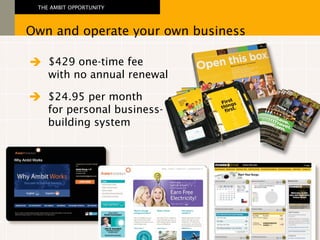 $429 one-time fee with no annual renewal Own and operate your own business THE AMBIT OPPORTUNITY  $24.95 per month  for personal business- building system  