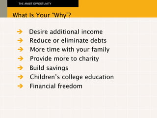 THE AMBIT OPPORTUNITY   Desire additional income   Reduce or eliminate debts   More time with your family   Provide more to charity   Build savings   Children’s college education   Financial freedom THE AMBIT OPPORTUNITY What Is Your “Why”? 