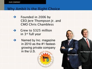 Founded in 2006 by  CEO Jere Thompson Jr. and CMO Chris Chambless Why Ambit Is the Right Choice OUR COMPANY   Grew to $325 million in 3 rd  full year   Named by Inc. magazine  in 2010 as the #1 fastest- growing private company in the U.S.   