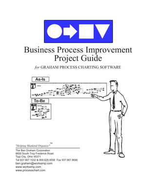 for GRAHAM PROCESS CHARTING SOFTWARE
"Helping Mankind Organize"
TM
The Ben Graham Corporation
6600 South Troy Frederick Road
Tipp City, Ohio 45371
Tel 937.667.1032 & 800.628.9558 Fax 937.667.8690
ben.graham@worksimp.com
www.worksimp.com
www.processchart.com
Business Process Improvement
Project Guide
To-Be
As-Is
 