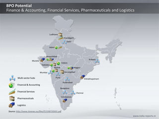 BPO Potential
Finance & Accounting, Financial Services, Pharmaceuticals and Logistics




 Source: http://www.itonews.eu/files/f12100720501.pdf
                                                                      www.india-reports.in
 