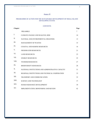 BARBADOS PROGRAMME OF ACTION 6 
Annex II 
PROGRAMME OF ACTION FOR THE SUSTAINABLE DEVELOPMENT OF SMALL ISLAND DEVELOPING STATES 
CONTENTS 
Chapter 
Page 
PREAMBLE 
7 
I. 
CLIMATE CHANGE AND SEALEVEL RISE 
10 
II. 
NATURAL AND ENVIRONMENTAL DISASTERS 
13 
III. 
MANAGEMENT OF WASTES 
15 
IV. 
COASTAL AND MARINE RESOURCES 
18 
V. 
FRESHWATER RESOURCES 
21 
VI. 
LAND RESOURCES 
23 
VII. 
ENERGY RESOURCES 
25 
VIII. 
TOURISM RESOURCES 
27 
IX. 
BIODIVERSITY RESOURCES 
28 
X. 
NATIONAL INSTITUTIONS AND ADMINISTRATIVE CAPACITY 
31 
XI. 
REGIONAL INSTITUTIONS AND TECHNICAL COOPERATION 
33 
XII. 
TRANSPORT AND COMMUNICATION 
35 
XIII. 
SCIENCE AND TECHNOLOGY 
37 
XIV. 
HUMAN RESOURCE DEVELOPMENT 
39 
XV. 
IMPLEMENTATION, MONITORING AND REVIEW 
42 
 