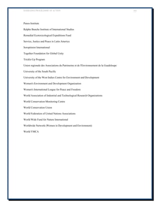 BARBADOS PROGRAMME OF ACTION 77 
Panos Institute 
Ralphe Bunche Institute of International Studies 
Remedial Ecotoxicological Expeditions Fund 
Service, Justice and Peace in Latin America 
Soroptimist International 
Together Foundation for Global Unity 
Trickle-Up Program 
Union regionale des Associations du Patrimoine et de l'Environnement de la Guadeloupe 
University of the South Pacific 
University of the West Indies Centre for Environment and Development 
Women's Environment and Development Organization 
Women's International League for Peace and Freedom 
World Association of Industrial and Technological Research Organizations 
World Conservation Monitoring Centre 
World Conservation Union 
World Federation of United Nations Associations 
World Wide Fund for Nature International 
Worldwide Network (Women in Development and Environment) 
World YMCA 
