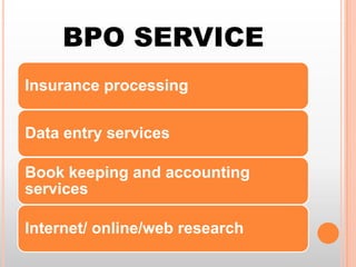 BPO SERVICE
Insurance processing

Data entry services
Book keeping and accounting
services
Internet/ online/web research

 
