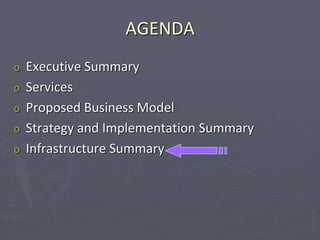 AGENDA
o Executive Summary
o Services
o Proposed Business Model
o Strategy and Implementation Summary
o Infrastructure Summary
 