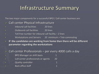 Infrastructure Summary
The two major components for a successful BPO / Call-center business are:
 Call-center Physical Infrastructure
 Inbound call facilities 20 lines
 Outbound call facilities 20 lines
 Toll-free number for inbound call facility – 2 lines
 Workstations and Servers 20 minimum + Tele-commuting
 If the candidates are working from home then there will be different
parameter regarding the workstations
 Call-center Professionals – per every 4000 calls a day
 BPO Manager on shift basis 1
 Call-center professionals or agents 20
 Quality controller 1
 Back office staff 1
 