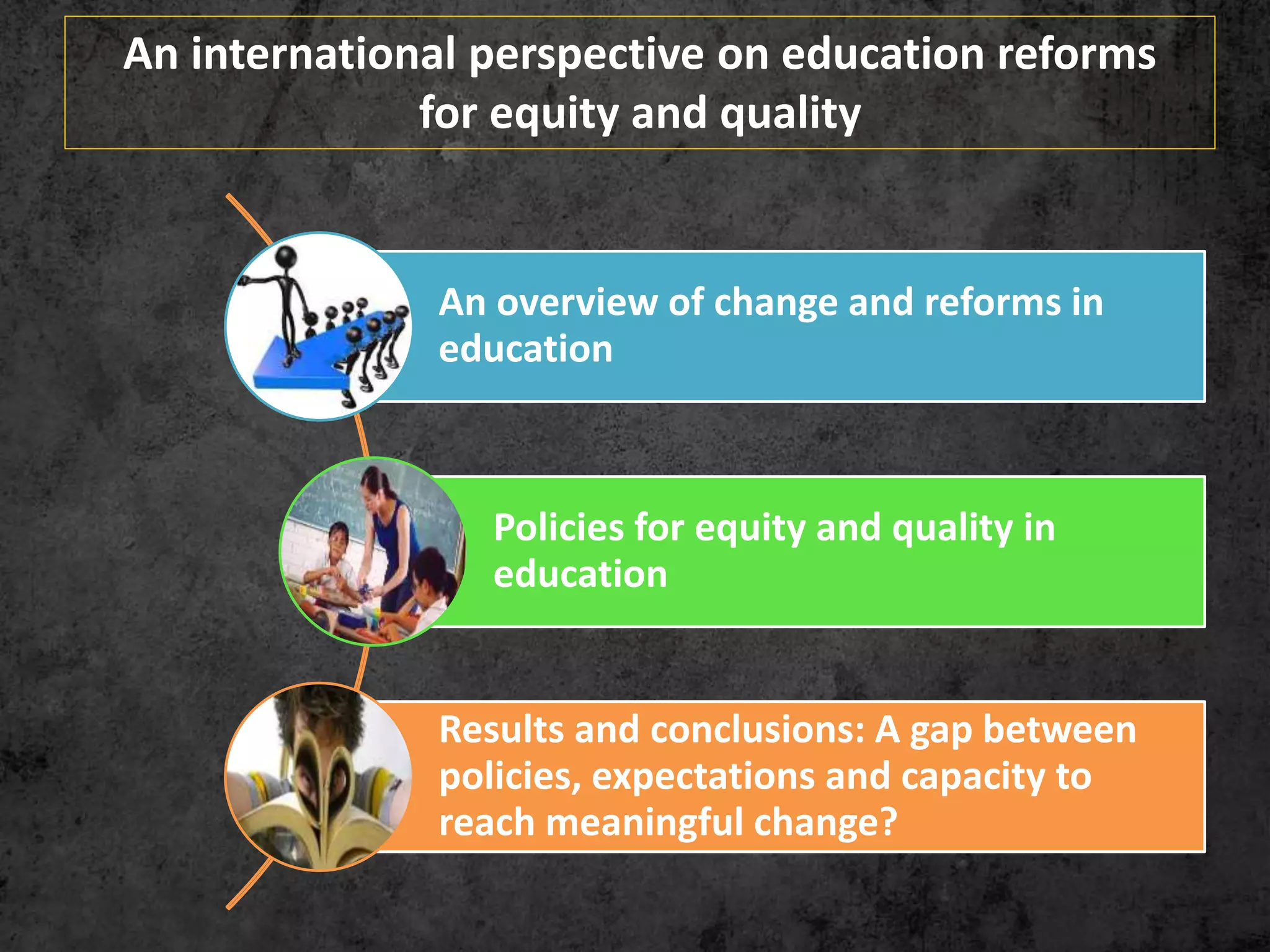 An overview of change and reforms in
education
Policies for equity and quality in
education
Results and conclusions: A gap between
policies, expectations and capacity to
reach meaningful change?
An international perspective on education reforms
for equity and quality
 