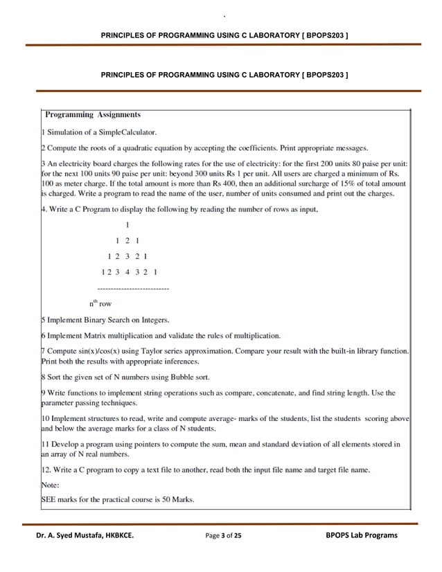BPOPS203 PRINCIPLES OF PROGRAMMING USING C LAB Manual.pdf | Programming ...