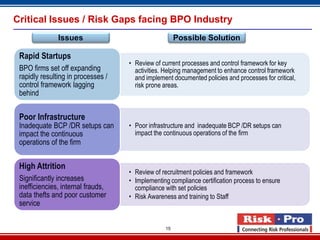 15
Critical Issues / Risk Gaps facing BPO Industry
• Review of current processes and control framework for key
activities....