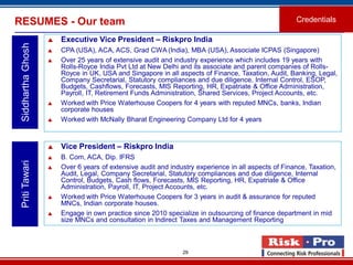 29
RESUMES - Our team Credentials
SiddharthaGhosh
 Executive Vice President – Riskpro India
 CPA (USA), ACA, ACS, Grad C...