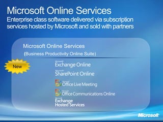 Enterprise class software delivered via subscription
services hosted by Microsoft and sold with partners


        Microsoft Online Services
        (Business Productivity Online Suite)

  New
 