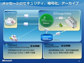 メッセージのセキュリティ、暗号化、アーカイブ

インターネット




     スパム




                                   (オプション)




                     主な特徴                    主な特徴
•   世界各国10か所における冗長化          •   保存期間最長10年、保存容量無制限
•   Exchange Online に標準で装備   •   SQL Azure 採用の高速な検索



                                                    20
 